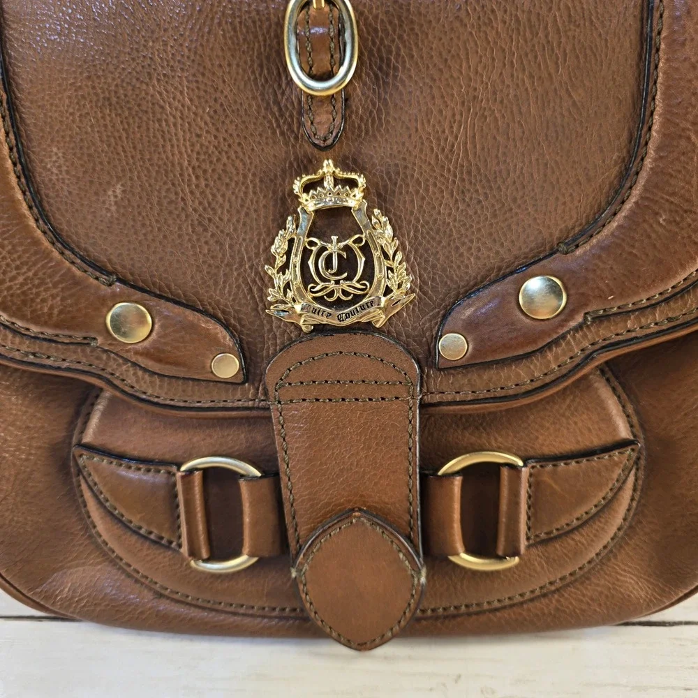 Vintage Y2K Juicy Couture Brown Pebbled Leather Satchel Bag Gold Crest Logo